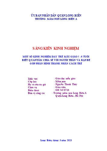 SKKN Một số kinh nghiệm dạy trẻ mẫu giáo 5-6 tuổi biết quan tâm chia sẻ với người thân và bạn bè góp phần hình thành nhân cách trẻ