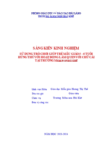 SKKN Sử dụng trò chơi giúp trẻ mẫu giáo 5-6 tuổi hứng thú với hoạt động làm quen với chữ cái tại Trường Mầm non Hải Khê