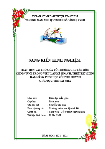 SKKN Phát huy vai trò của tổ trưởng chuyên môn khối 5 tuổi trong việc lập kế hoạch, thiết kế video phối hợp với phụ huynh giáo dục trẻ tại nhà